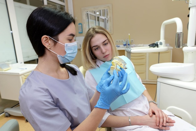 Un dentista femminile mostra una mascella artificiale a un paziente seduto su una poltrona odontoiatrica