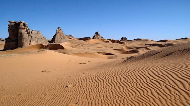 Un deserto con dune di sabbia e formazioni rocciose AI generativa