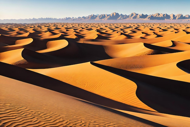 Un deserto con dune di sabbia e montagne sullo sfondo