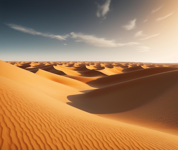 Un deserto con dune di sabbia e un cielo azzurro con il sole che tramonta sullo sfondo.