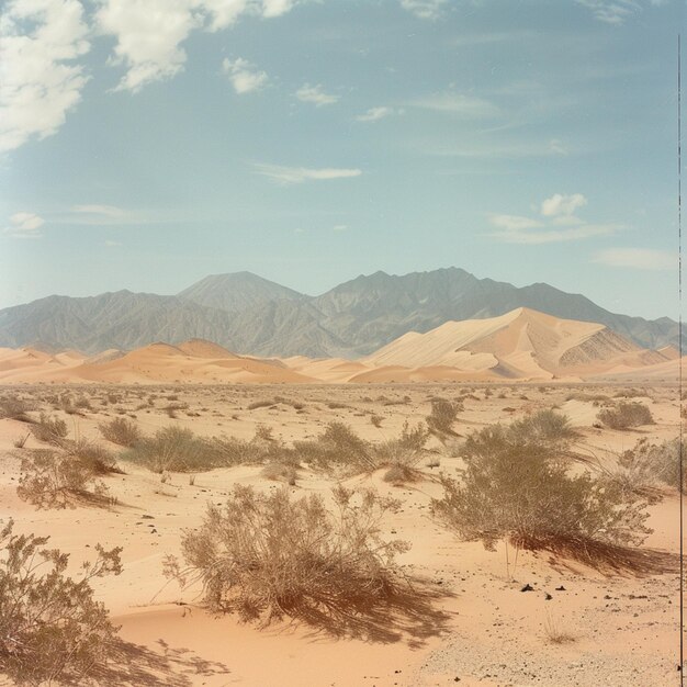 un deserto con le montagne sullo sfondo e un cielo con le nuvole