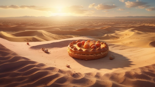 Un deserto con sopra una torta e un tramonto sullo sfondo