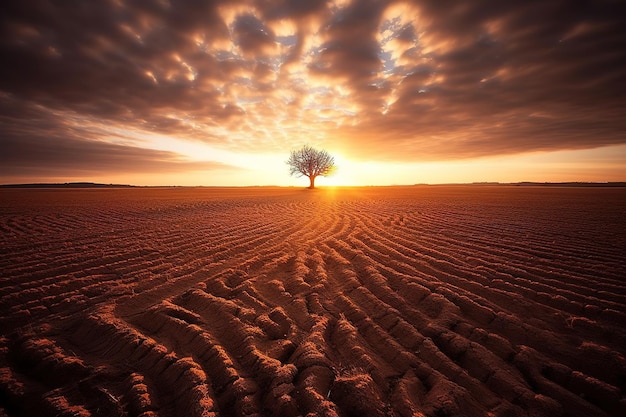 Un deserto con un albero in primo piano e il sole che tramonta alle sue spalle.
