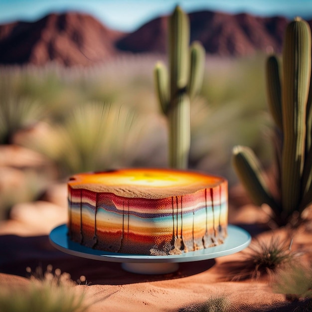 Un deserto con una torta di deserto su un piatto