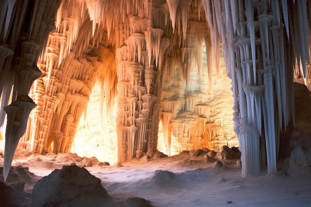 un design all'interno di una grotta mostra stalattiti fotografia pubblicitaria professionale