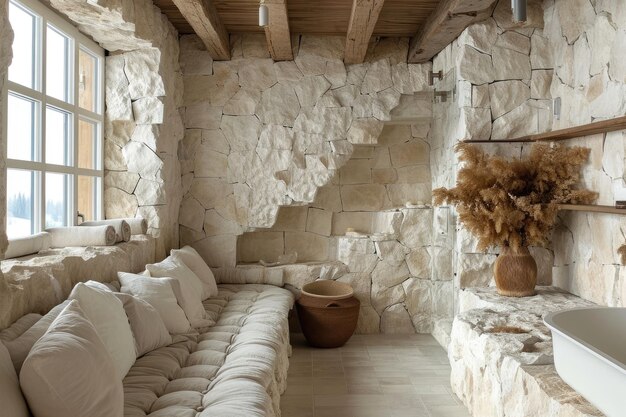 un design d'interni moderno con pannelli in pietra beige su idee di ispirazione per lo stile delle pareti
