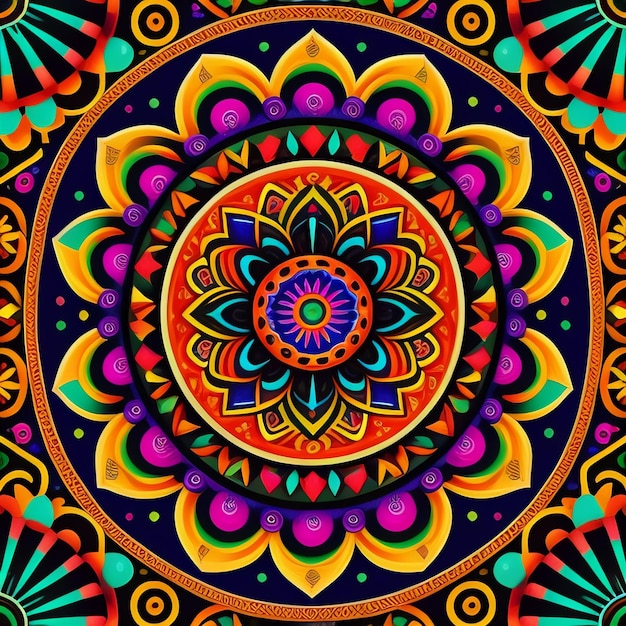 Un design mandala colorato con uno sfondo nero.