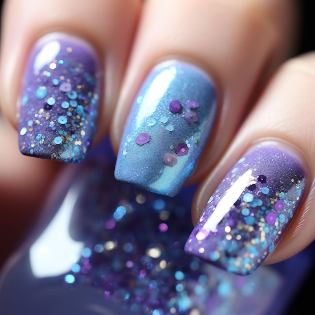 un design per nail art con glitter viola e glitter viola