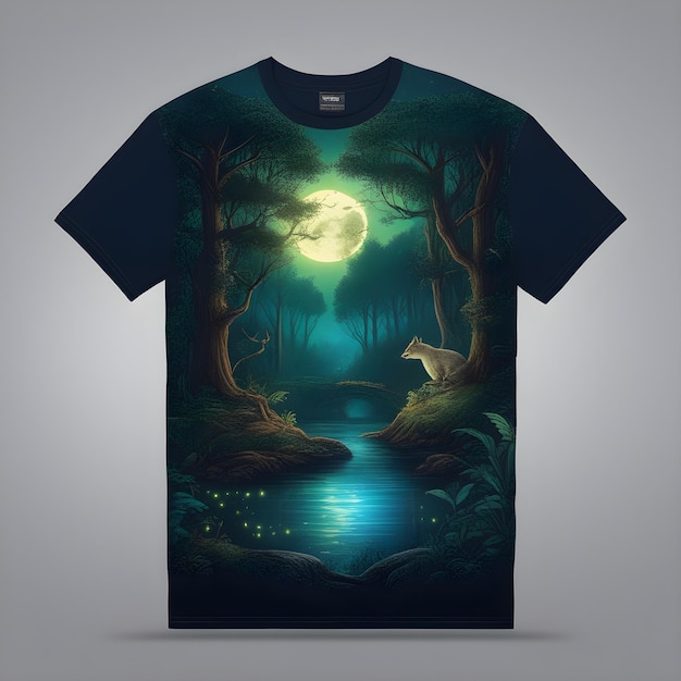 un design tshirt con foresta di notte con moand e piante luminescenti