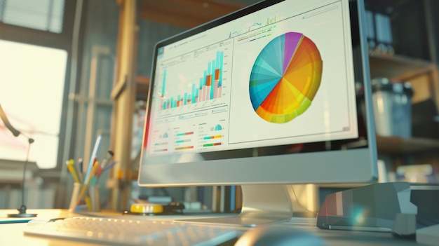 Un desktop con grafici analitici che brillano su due monitor in un ambiente di lavoro creativo