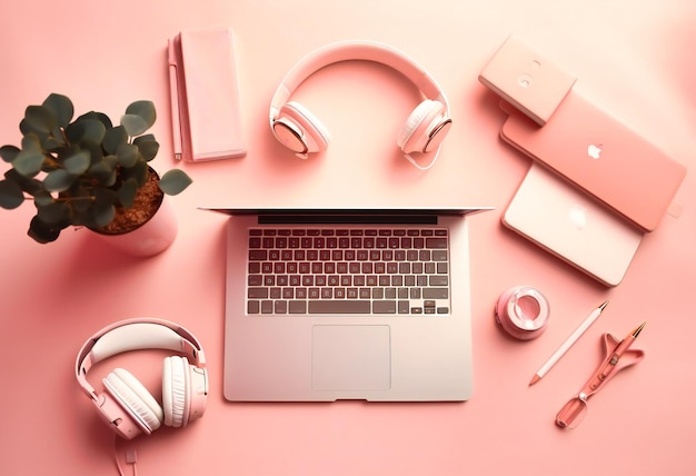 Un desktop e un laptop rosa con le cuffie