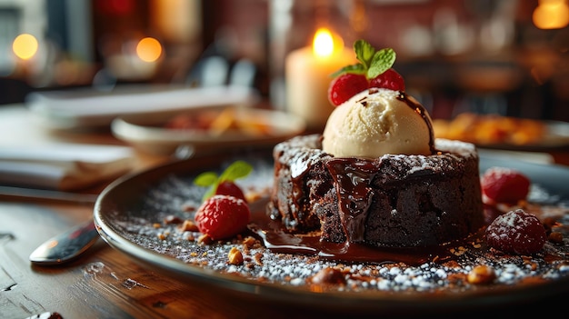 Un dessert al fondante al cioccolato caldo con un cucchiaio di gelato in cima su un piatto con lamponi