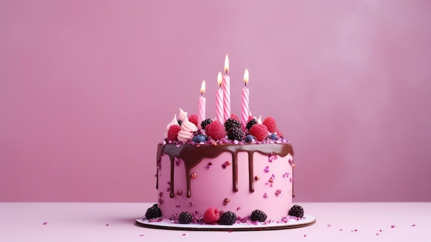 Un dessert celebrativo con candele e bacche su sfondo rosa