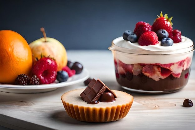 Un dessert con cioccolato e frutta in cima