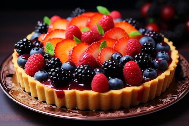 Un dessert con frutti di bosco e lamponi in cima