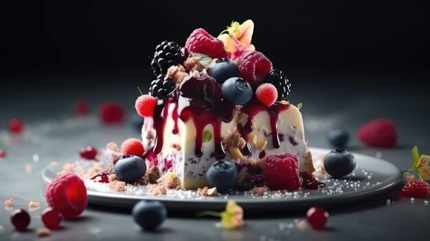 Un dessert con frutti di bosco e panna in cima