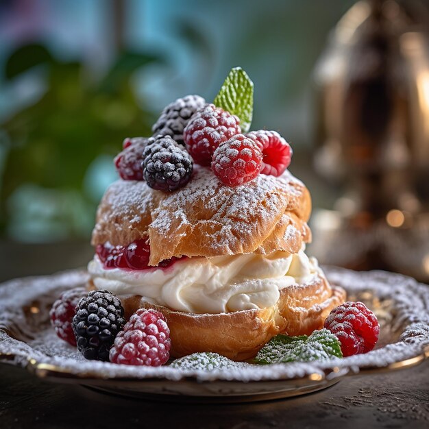 un dessert con lamponi e panna sopra