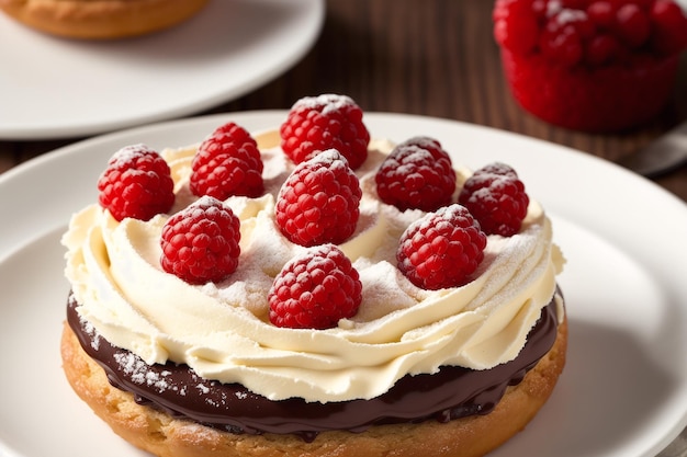 Un dessert con sopra i lamponi e un piatto con un cupcake rosso sullo sfondo.