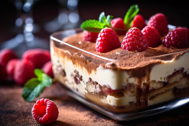 un dessert con sopra lamponi e foglie di menta