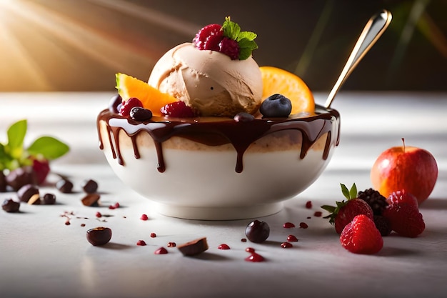 Un dessert con un cucchiaio di gelato alla vaniglia e frutti di bosco si trova su un piatto