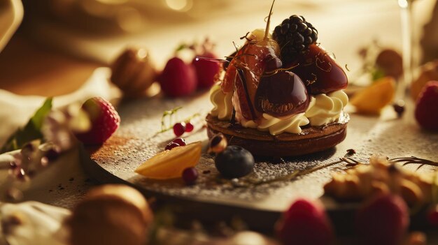 Un dessert gourmet con bacche e panna su un piatto elegante circondato da noci e frutta sparse