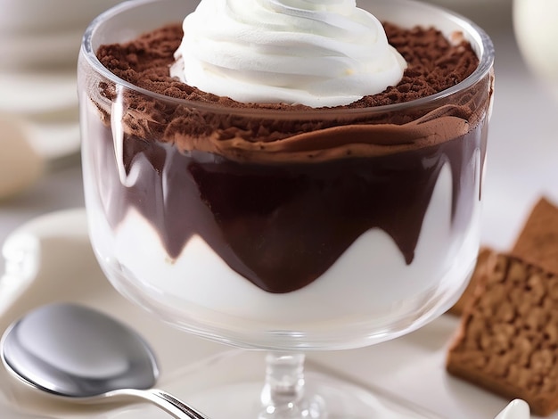 Un dessert gourmet decadente con crema di cioccolato e panna montata