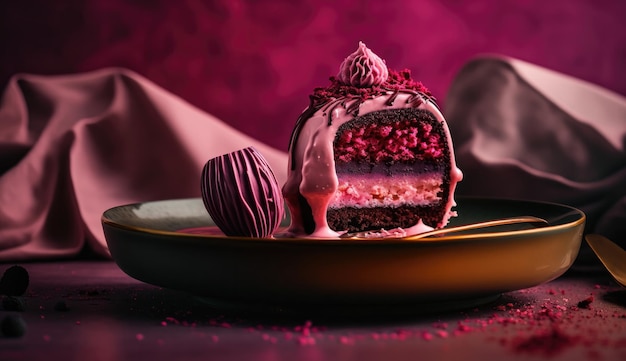 Un dessert rosa con una torta al cioccolato su un piatto