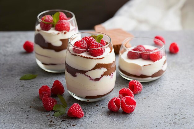Un dessert sano a strati di cioccolato e yogurt con lamponi