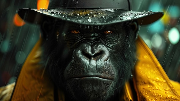 Un detective gorilla iperrealista che batte il marciapiede alla ricerca di risposte.