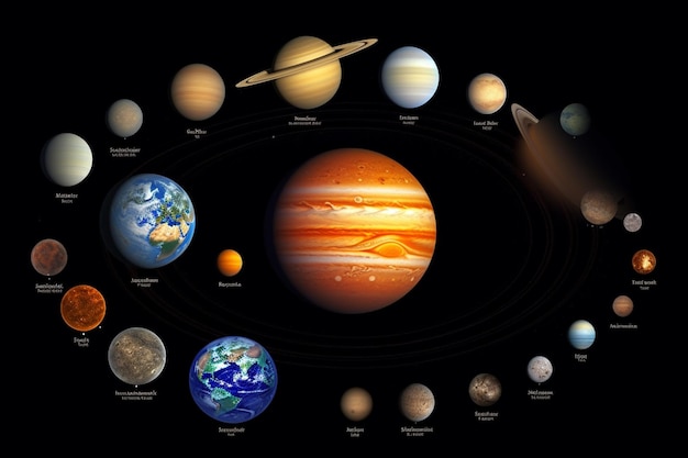 Un diagramma dei pianeti e delle loro lune nel sistema solare generativo ai