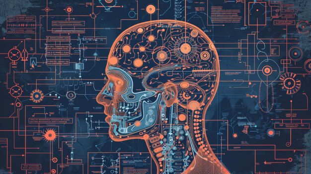 Un diagramma del cervello di un robot con ruote dentate e schede elettroniche un progetto per la testa di un'intelligenza artificiale