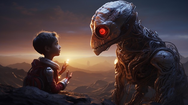 un dialogo tra un bambino umano curioso e un'amichevole creatura aliena