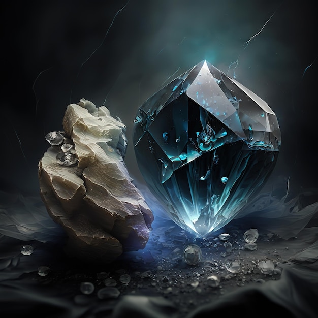 Un diamante blu è accanto a una roccia con sopra la scritta diamante blu