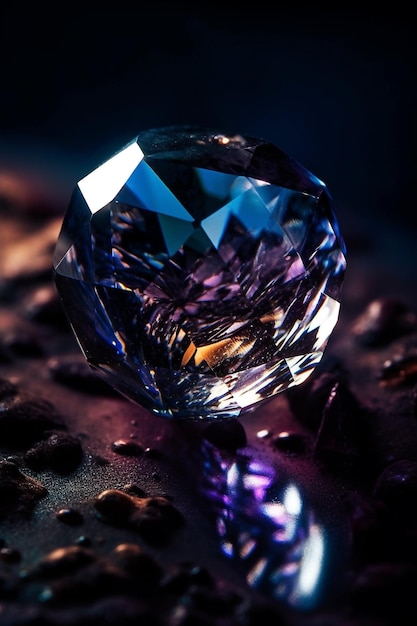 Un diamante è su una superficie scura con uno sfondo viola.