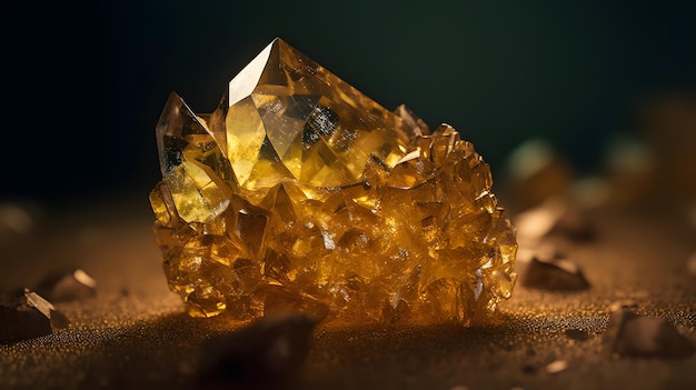 Un diamante giallo si trova su una superficie marrone.