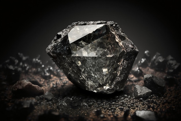 Un diamante nero si trova su uno sfondo scuro.