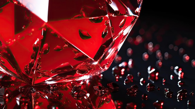 Un diamante rosso è circondato da gocce d'acqua.