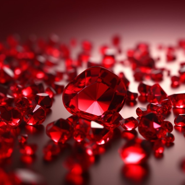 Un diamante rosso è circondato da piccoli cuori.