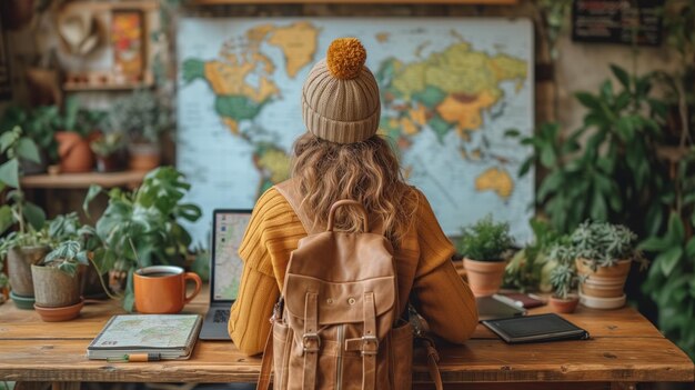 Un diario di viaggio femminile con una mappa e un portatile sul tavolo