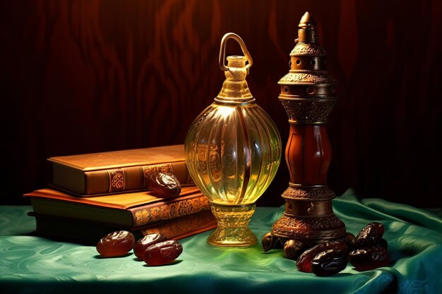 Un digiuno del Ramadan con una lampada e un piatto di cibo datteri IA generativa