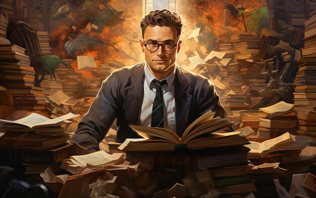 Un diligente bibliotecario circondato da libri