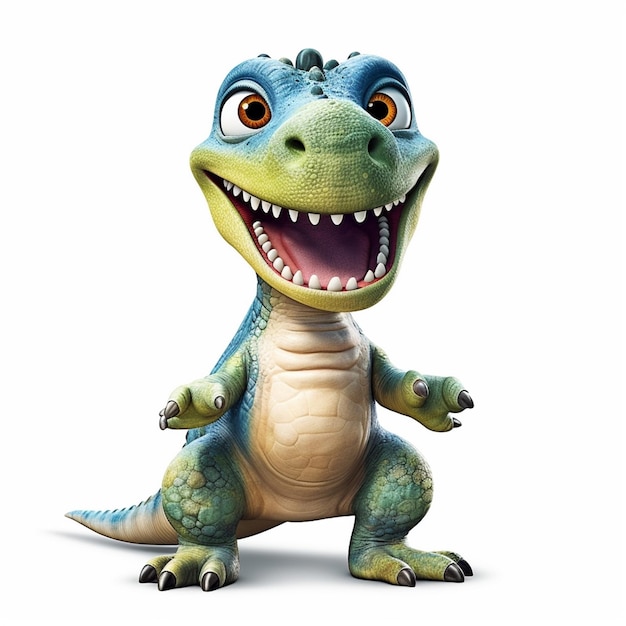 Un dinosauro blu con uno sfondo bianco e la parola pixar su di esso.