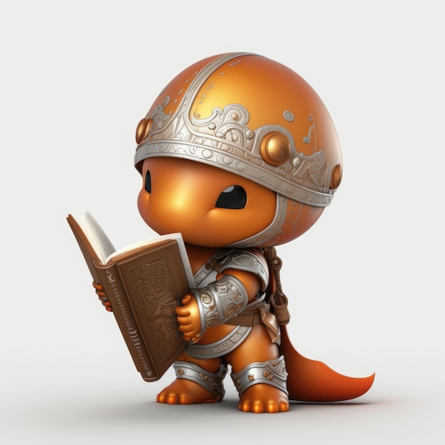 Un dinosauro cartone animato che indossa un casco che legge un libro.
