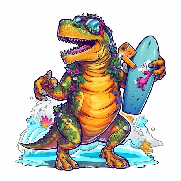 Un dinosauro cartone animato con occhiali da sole e uno skateboard.