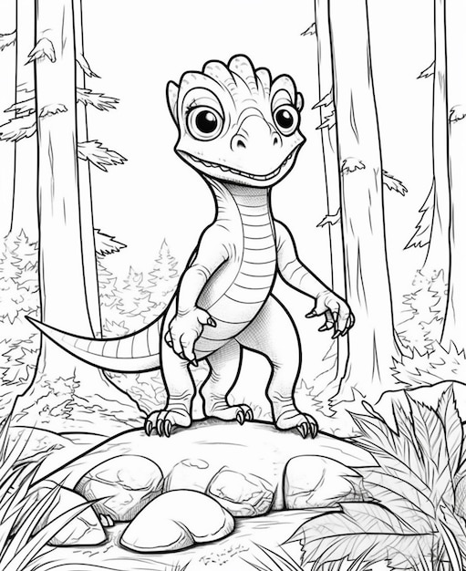 un dinosauro cartone animato in piedi su una roccia nel bosco ai generativa