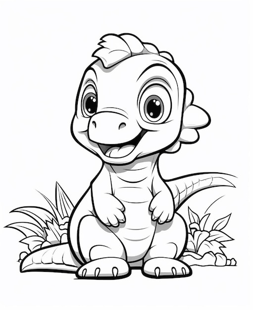 Un dinosauro cartone animato seduto a terra con un sorriso sul volto generativo ai