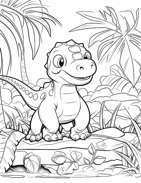 Un dinosauro cartone animato seduto su un tronco nella giungla generativa ai