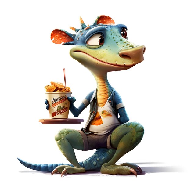 Un dinosauro che tiene una tazza di patatine fritte con una cannuccia in mano.