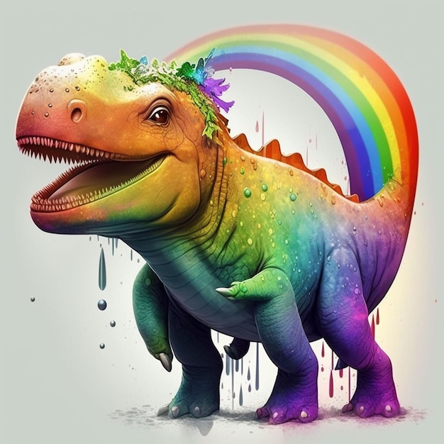 Un dinosauro color arcobaleno con un arcobaleno sulla testa