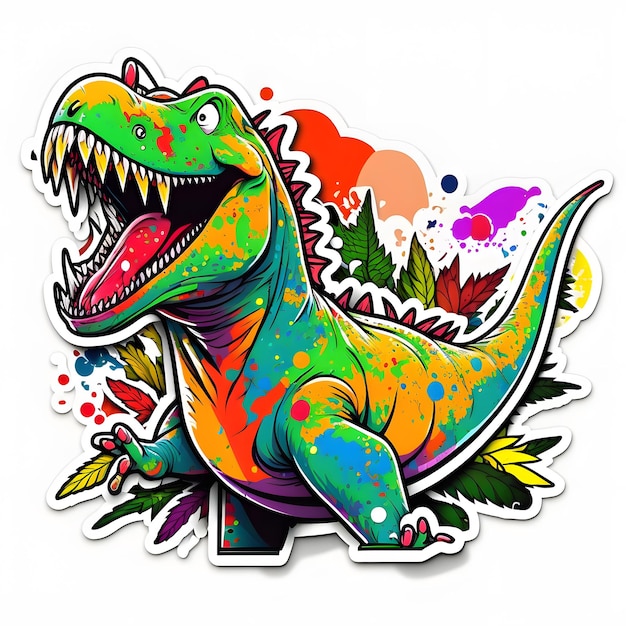 Un dinosauro colorato con un t-rex verde sulla bocca.
